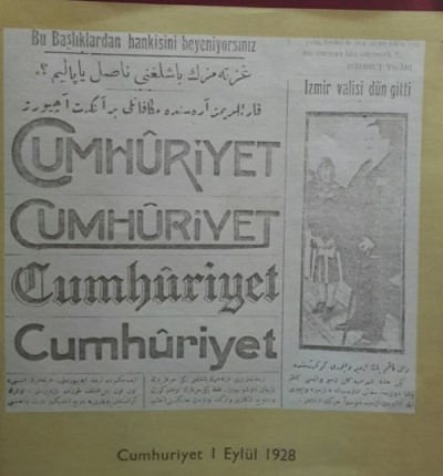 Cumhuriyet Gazetesi'nin 1 Eylül 1928 tarihli baskısından bir görüntü